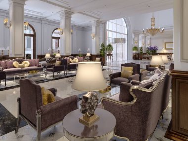 Lüks art deco mobilya ve mozaik çini hall ile klasik tarzı otel lobisinde. 3D render