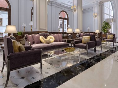 Lüks art deco mobilya ve mozaik çini hall ile klasik tarzı otel lobisinde. 3D render