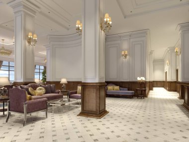 Lüks art deco mobilya ve mozaik çini hall ile klasik tarzı otel lobisinde. 3D render