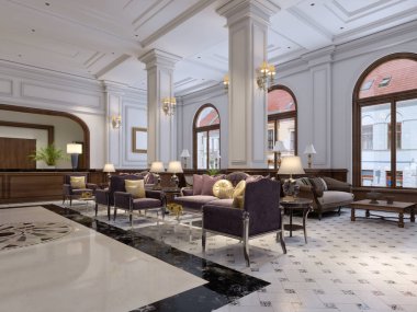 Lüks Victoria tarzı otel lobi iç görünüm. 3D render