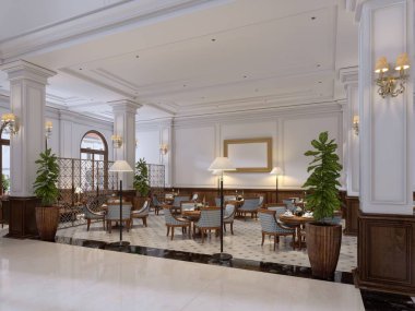 Bar Masa ve sandalyeler modern tarzı ile otel lobisinde. 3D render.