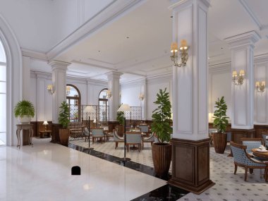 Lüks art deco mobilya ve mozaik çini hall ile klasik tarzı otel lobisinde. 3D render