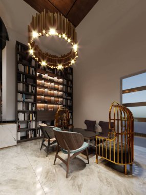 Modern bar restoran bir kütüphane ile modaya uygun bir tasarım ve bir dolap kitap ile. 3D render.