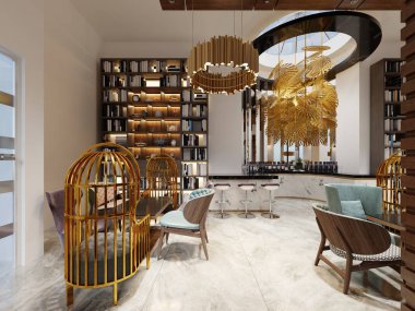 Modern tarzı bar lounge Kütüphane. 3D render.