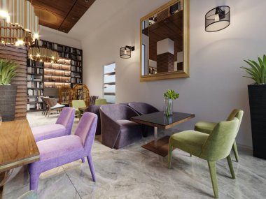 Modern tarzı bar lounge Kütüphane. 3D render.