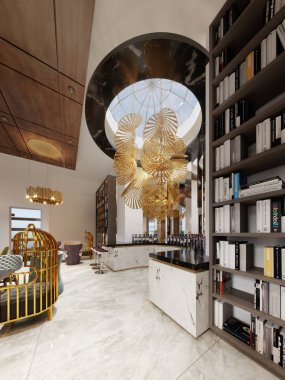 Parlak renkli mobilya ve şık tasarımı ile şık modern bir tarz bir kitaplıkta çubuk. 3D render.