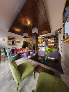 Modern tarzı bar lounge Kütüphane. 3D render.