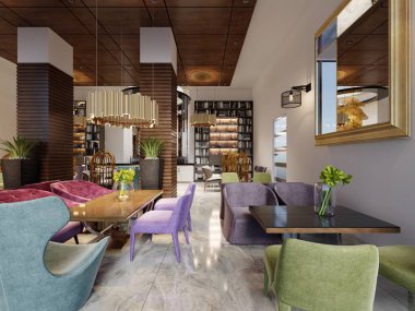Parlak renkli mobilya ve şık tasarımı ile şık modern bir tarz bir kitaplıkta çubuk. 3D render.