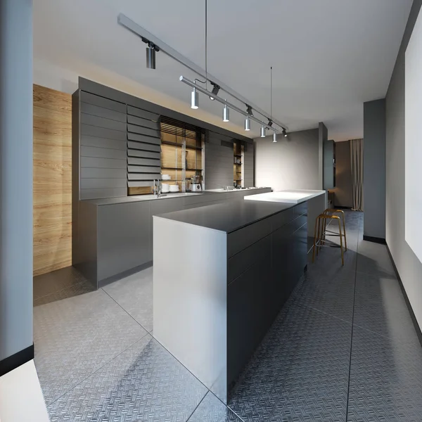 Modern Designer Kitchen Dark Colors Loft Style Rendering — Stock Photo, Image