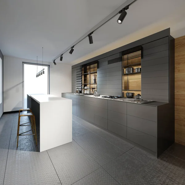 Modern designer kitchen in dark colors in a loft style. 3d rendering