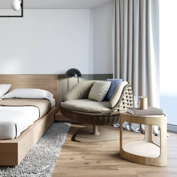 籐寝室ロフト スタイルの籐から快適な椅子 レンダリング — ストック写真