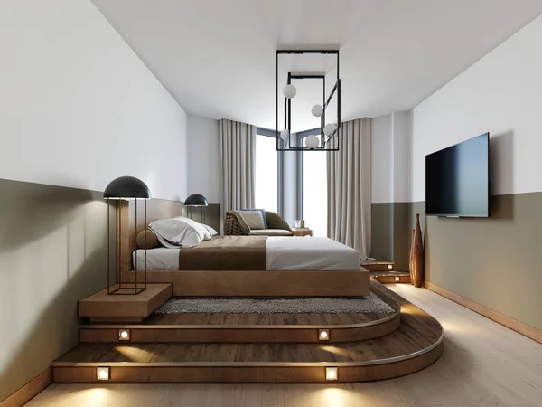 Stil Yatak Odası Tasarım Rattan Koltuk Ile Resepsiyon Tasarımcı Avize — Stok fotoğraf