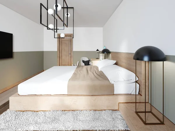 Modern Ahşap Yatak Aydınlatma Çatı Katı Tarzında Bir Yatak Odası — Stok fotoğraf