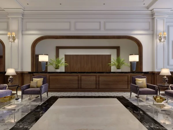 大型木制接待处位于豪华酒店优雅的内部 — 图库照片