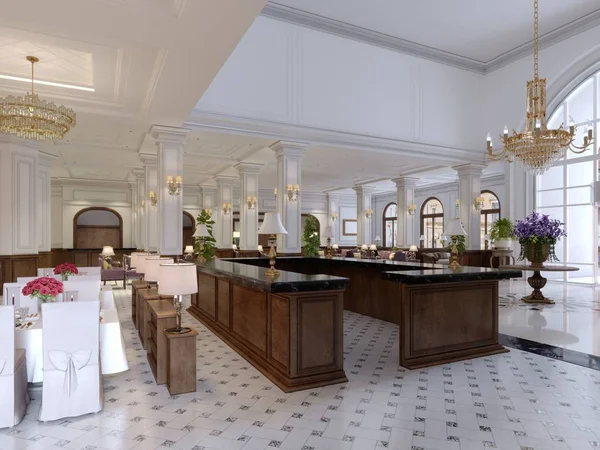 Beautiful wooden reception in the center of the spacious lobby in the classical style. 3d rendering