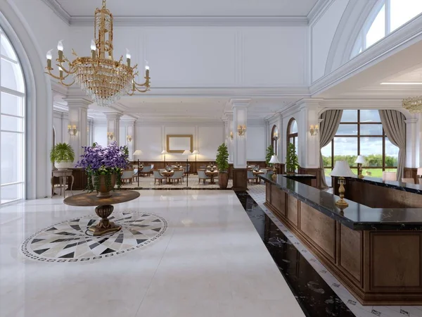 Beautiful wooden reception in the center of the spacious lobby in the classical style. 3d rendering