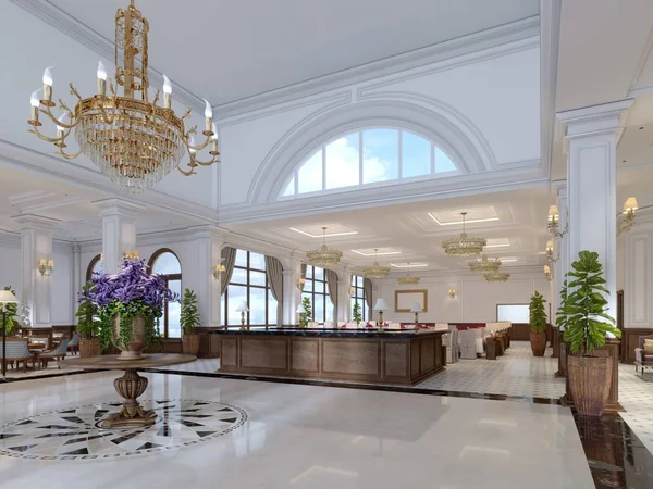 Beautiful wooden reception in the center of the spacious lobby in the classical style. 3d rendering