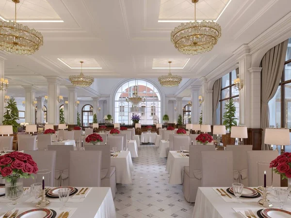 Piękne Wnętrze Restauracji Nowoczesny Hotel Białym Obrusem Stoły Krzesła Miękkie — Zdjęcie stockowe