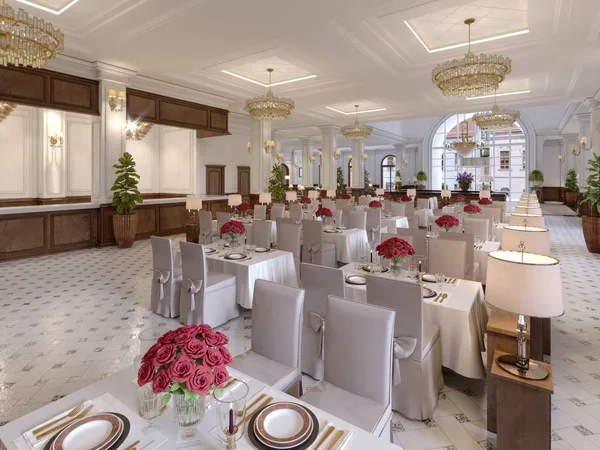 Hermoso Interior Del Restaurante Hotel Moderno Con Mesas Tela Blanca — Foto de Stock