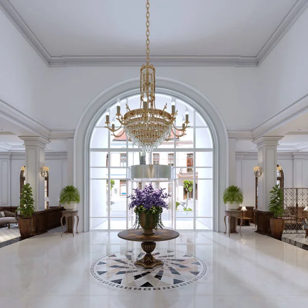 Luxury Entrance Classic Hotel Large Bouquet Flowers Large Golden Chandelier — Stock Photo, Image