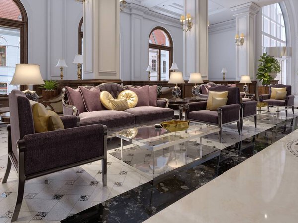 Hotel lobby in classic style with luxurious art deco furniture and mosaic tile hall. 3d rendering