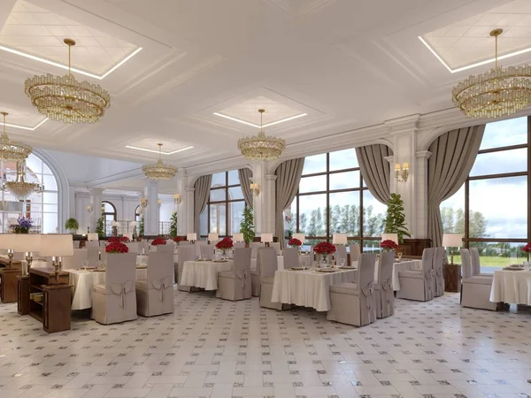 Wunderschönes Interieur Des Restaurants Einem Modernen Hotel Mit Weißen Stofftischen — Stockfoto