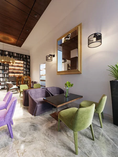 Modern bar restaurant in a trendy design with a library and a closet with books. 3d rendering.