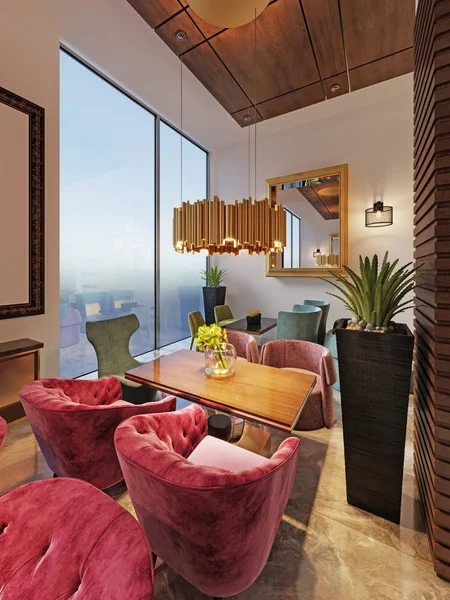 Hermoso Interior Restaurante Moderno Con Exquisitos Muebles Suaves Renderizado —  Fotos de Stock
