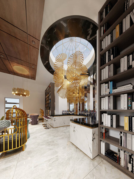 Бар с библиотекой в модном современном стиле с яркой красочной мебелью и стильным дизайном. 3d-рендеринг
.