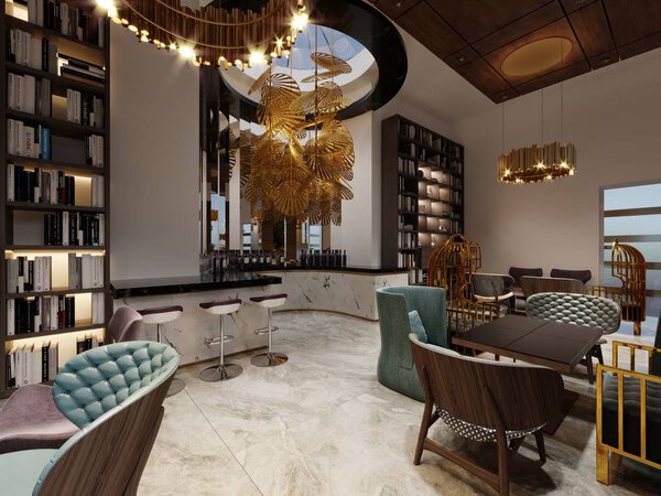 Бар с библиотекой в модном современном стиле с яркой красочной мебелью и стильным дизайном. 3d-рендеринг
.