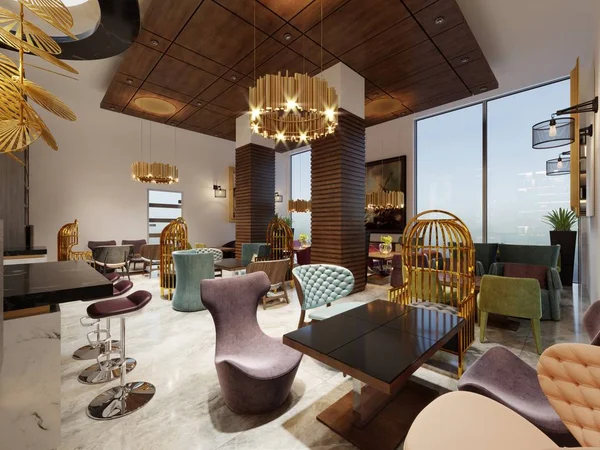 Lujo Moderno Diseño Europeo Café Interior Centro Ciudad Con Muebles — Foto de Stock