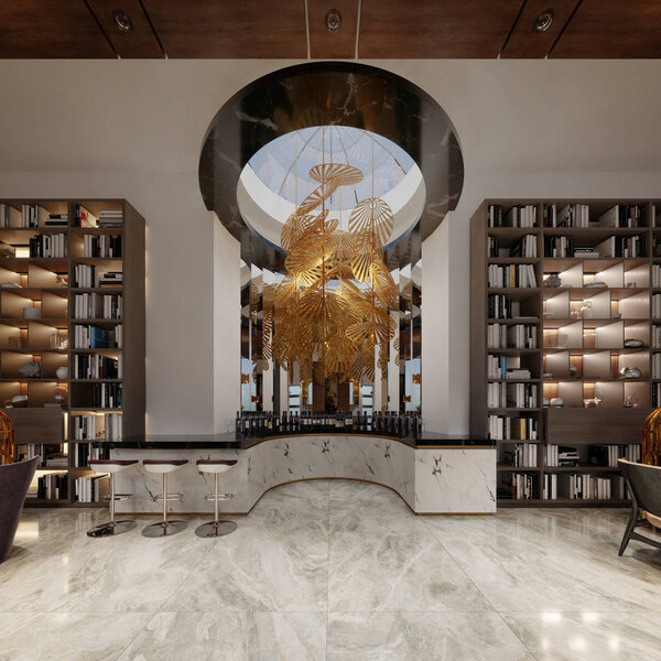 Бар с библиотекой в модном современном стиле с яркой красочной мебелью и стильным дизайном. 3d-рендеринг
.