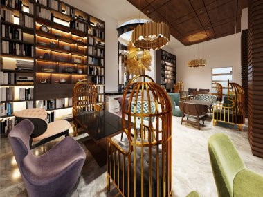 Şık modern stil kitaplığı-barda art deco tarzında zarif mobilyalar ve kütüphaneler. 3D render.