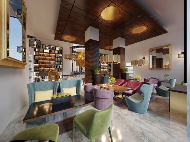 Şık modern stil kitaplığı-barda art deco tarzında zarif mobilyalar ve kütüphaneler. 3D render.