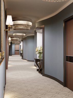 Mavi duvar, cam avizeler ve konsollar ile dekoratif niş ile lüks modern koridor. Otel odalarında bir kapı ile binasının iç tasarım. 3D render