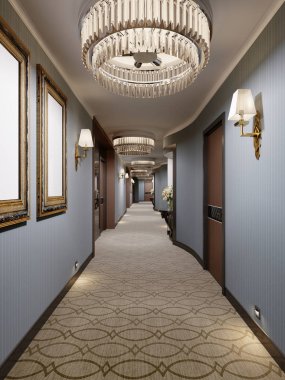 Mavi duvar, cam avizeler ve konsollar ile dekoratif niş ile lüks modern koridor. Otel odalarında bir kapı ile binasının iç tasarım. 3D render