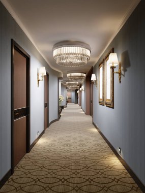 Mavi duvar, cam avizeler ve konsollar ile dekoratif niş ile lüks modern koridor. Otel odalarında bir kapı ile binasının iç tasarım. 3D render