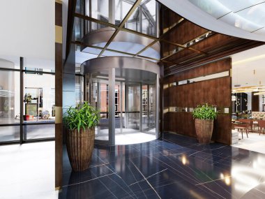 Rahat bar restoran, modern iç. Trendy tarzı, yemek yer ve bar sayaç modern çağdaş tasarım. 3D render