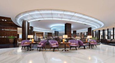 Lobide ile rahat rahat bir kafeterya sandalye ve bir tablo bir lamba ile doldurulmuş. 3D render