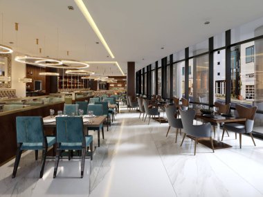 Restoran, rahat modern yemek yer, çağdaş tasarım arka plan rahat lüks iç. 3D render