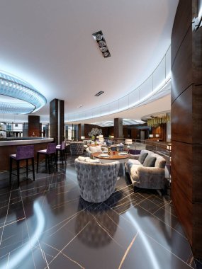 Modern bar ve Restoran İç, bir otel, tasarımcı iç parçası. 3D render