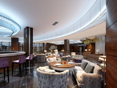 Modern bar ve Restoran İç, bir otel, tasarımcı iç parçası. 3D render
