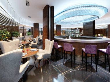 Rahat bar restoran, modern iç. Trendy tarzı, yemek yer ve bar sayaç modern çağdaş tasarım. 3D render