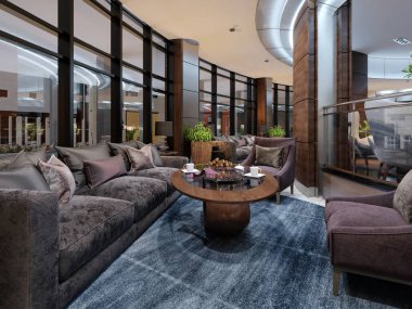 Çağdaş hotel iç dekorasyon, otel lobisinde, geri kalan alan konforlu modern mobilya ile. 3D render