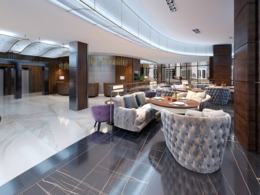 Modern bar ve Restoran İç, bir otel, tasarımcı iç parçası. 3D render