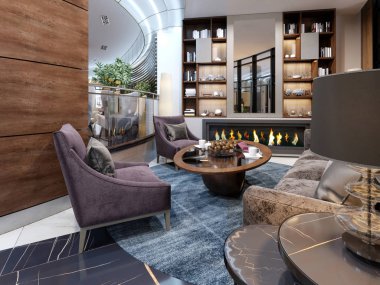 Otel lobi dinlenme alanı şömine ve yarı-kitap ile. 3D render