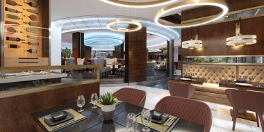 Güzel yeni ve boş lüks restoranda Avrupa tarzı. 3D render