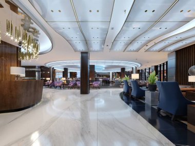 Resepsiyon alanı modern bir otel. 3D render