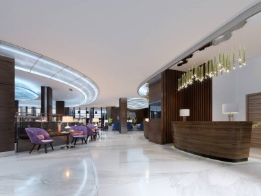 Resepsiyon alanı modern bir otel. 3D render