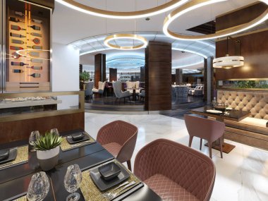 Güzel yeni ve boş lüks restoranda Avrupa tarzı. 3D render